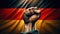 Raised fist of a farmer\\\'s hand against the background of the German flag. A symbol of strength and protest