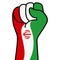 Raised fist iran flag. Iranian hand. Fist shape iran flag color. Patriotic demonstration, rebel, protest, fighting for human