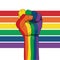 Raised fist painted in rainbow colors on a rainbow colors background. Sticker, patch, t-shirt print, logo design