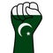 Raised fist pakistan flag. Pakistani hand. Fist shape pakistan flag color. Patriotic demonstration, rebel, protest, fighting