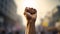 A raised fist of a protestor at a political demonstration. Generative Ai