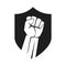 Raised fist symbol. Clenched fist symbol on a shield. Security or protection logo