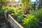 Raised garden beds filled with thriving vegetables in a sunny backyard