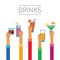 Raised hands with drinks and cocktails vector concept in flat style