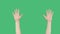 Raised open hand palms on green screen background. Closeup left and right palm hands showing ten fingers on green