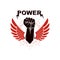 Raised strong clenched fist winged logo. Best fighter vector symbol, champion concept.