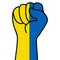 Raised ukrainian fist flag. The hand of ukraine. Fist shape ukraine flag color. Patriotic demonstration, rebel, protest, fighting