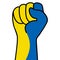 Raised ukrainian fist flag. The hand of ukraine. Fist shape ukraine flag color. Patriotic demonstration, rebel, protest, fighting