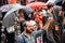 Raisen hand by male protester at Anti-Macro protest