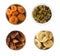 Raisins, dates, dried apricot, figs isolated on white background. Top view.