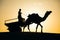 Rajasthan travel background - camel silhouette in dunes of Thar desert on sunset