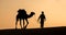 Rajasthan travel background - Indian cameleers camel drivers with camels silhouettes in dunes of Thar desert on sunset. Jaisalme