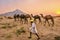 A Rajasthani camel herder and his camels at sunset, in north India.