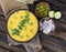 Rajasthani And Gujarati Traditional Cuisine Kadhi or Bajra Roti on Vintage Wooden Background