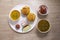 Rajasthani Traditional Cuisine Dal Baati Also Know as Dal Bati or Daal Baati Churma on Wooden Background. It is popular in
