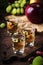 Rakija, raki or rakia - Balkan hard alcoholic drink or brandy from fermented fruits, old wooden table, still life, copy space