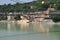 Ram Jhula hanging bridge, Rishikesh, India. The river Ganges