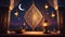 ramadan 2024 islamic calendar background with islamic ornaments, lanterns, crescent moon on starry night sky