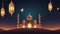 ramadan 2024 islamic calendar, ramadan kareem greeting card with starry night scenery, lanterns, mosque, and crescent moon