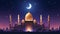 ramadan 2024 islamic greeting card, wallpaper with mosque and crescent moon on the starry night sky