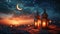 Ramadan ambiance with glowing lanterns, crescent moons, and starry brilliance with copy space