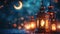 Ramadan ambiance with glowing lanterns, crescent moons, and starry brilliance with copy space