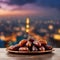 Ramadan Atmosphere is Conveyed through an Image of Dates Fruit Amidst a Dusk Cloudy Sky and City Background