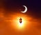 Ramadan background.Crescent Moon and Lantern Lightning in sky