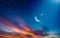 Ramadan background with crescent, stars and glowing clouds with ray from skies. Month of Ramadan is that in which was revealed