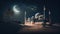 Ramadan background. Mosque building AI generated. Night blue view of starry sky bright moon, light half a month