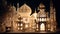 Ramadan celebration illuminates old mosque with ornate minaret architecture generated by AI