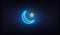 Ramadan Crescent moon neon. Blue glowing moon and yellow gold star Islamic sign