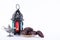 Ramadan food and drinks concept. Ramadan Lantern with arabian lamp, wood rosary, dates fruit and lighting on white background
