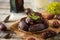 Ramadan food and drinks concept. Ramadan Lantern with Milk, dates fruit, grape and Mint leaves on wooden table background