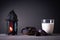 Ramadan food and drinks concept. Ramadan Lantern with Milk, dates fruit on wooden table background