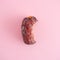 Ramadan food minimal concept: dry brown royal date eaten to half on a vibrant pink background. Flat lay, top view square crop phot