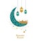 Ramadan Greeting card with gold and green colored moon, crescent, silhouette and stars