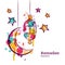 Ramadan greeting card with traditional watercolor lantern, moon and stars.