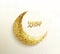 Ramadan greeting with glitter islamic crescent, golden paper moon