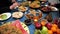 Ramadan iftar Eid. Muslim family has dinner at home. Table with traditional food. Eid al-Fitr celebrations