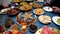 Ramadan iftar Eid. Muslim family has dinner at home. Table with traditional food. Eid al-Fitr celebrations