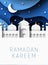 Ramadan Kareem 3d abstract paper cut illustration. Islamic mosque, moon and blue sky. Space for text.