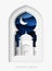 Ramadan Kareem 3d abstract paper cut illustration. Window with islamic mosque. moon and blue sky.