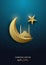 Ramadan Kareem. 3D gold crescent moon, star and mosque on gradient green background.