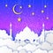 Ramadan Kareem. Arabic Mosque, gold stars, clouds in paper cut style. Crescent Moon. Night sky. Origami Greeting card