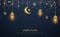 Ramadan kareem background with Arabic Calligraphy, golden lanterns, and golden crescent moon. Greeting card background with a