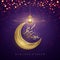 Ramadan kareem background with Arabic Calligraphy, golden lanterns, and moon. Greeting card background with a glowing hanging