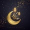 Ramadan kareem background with Arabic Calligraphy, golden lanterns, and moon. Greeting card background with a glowing hanging