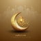 Ramadan kareem background with a combination of shining hanging gold lanterns, arabic calligraphy, mosque and golden crescent moon