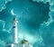 Ramadan Kareem background.Crescent moon at a top of a mosque.Islamic greeting Eid Mubarak cards for Muslim